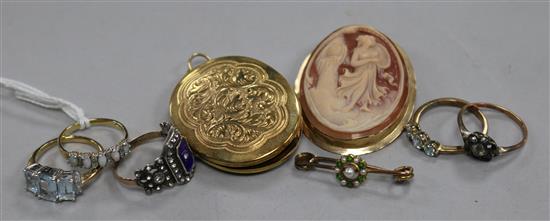 A group of dress rings including three 9ct gold, a locket and two brooches.